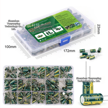 225 бр. комплект високочестотни алуминиеви електролитни кондензатори, 15 стойности на капацитета, разстояние между краищата 38.90 мм, опаковка: кутия