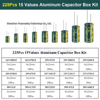 225 бр. комплект високочестотни алуминиеви електролитни кондензатори, 15 стойности на капацитета, разстояние между краищата 38.90 мм, опаковка: кутия