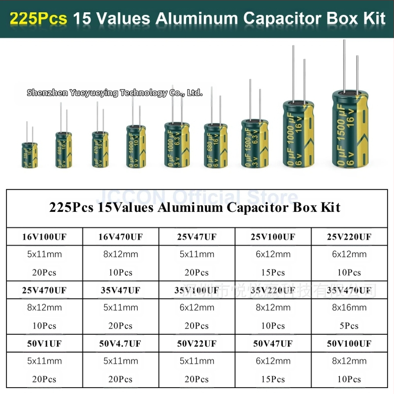 225 бр. комплект високочестотни алуминиеви електролитни кондензатори, 15 стойности на капацитета, разстояние между краищата 38.90 мм, опаковка: кутия