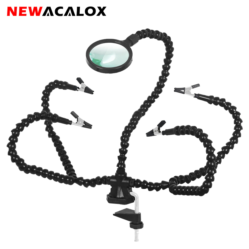 Лупа с лампа за бюро и щипка, държач за PCB за спояване и помощник трета ръка — NEWACALOX пластмасова, за домакинство