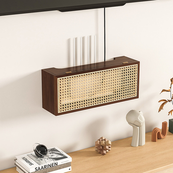 Επιτοίχιο ράφι-οργανωτής δρομολογητή WiFi από ράταν και ξύλο, ανθεκτικό στη σκόνη, με βίδες, 1 επίπεδο, για σαλόνι