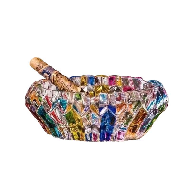 Kézzel festett csíkos hamutál vastag kristályüvegből, dekoratív, pastoral és egyszerű stílus, márka Flavinmci/Flaventz, származás Fengyang