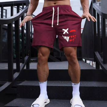 Ανδρικά σορτς παραλίας - αναπνεύσιμο πλέγμα 140G, 100% πολυεστέρας, 3D εκτύπωση γραφικού με διαβολικό χαμόγελο, στυλ χιπ-χοπ, χαλαρή ίσια γραμμή