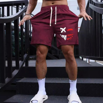 Ανδρικά σορτς παραλίας - αναπνεύσιμο πλέγμα 140G, 100% πολυεστέρας, 3D εκτύπωση γραφικού με διαβολικό χαμόγελο, στυλ χιπ-χοπ, χαλαρή ίσια γραμμή