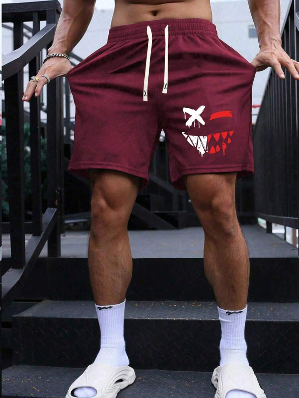 Ανδρικά σορτς παραλίας - αναπνεύσιμο πλέγμα 140G, 100% πολυεστέρας, 3D εκτύπωση γραφικού με διαβολικό χαμόγελο, στυλ χιπ-χοπ, χαλαρή ίσια γραμμή