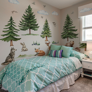 Αυτοκόλλητα τοίχου – 3 τεμάχια ζωάκια από δάσος με έλατα, PVC, αυτοκόλλητα και εύκολα αφαιρούνται, διακοσμητικά για παιδικό δωμάτιο