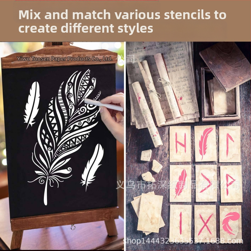 Шаблон за стенопис с дизайн пера и мандала за прорязан модел за пръскано рисуване - Марка Depth Extension - Материал PET