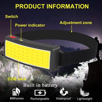COB LED galvos žibintas USB įkrovimas, 10W, 1200 mAh akumuliatorius, šviesos spindulys iki 50 m, prekės ženklas BOWEN