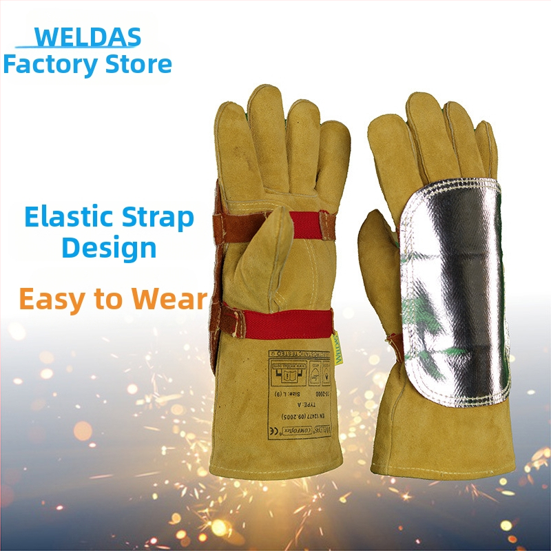 Заваръчни защитни ръкавици с щит за ръка – алуминиево фолио, кожена подплата, висока температурна устойчивост, изолация, заваръчни операции
