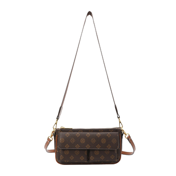 PU anyagú vállra akasztható táska, horizontális négyszögletes forma, cipzáras záródás, belső: cipzárral záródó rejtett zseb és telefontartó zseb, poliészter bélés