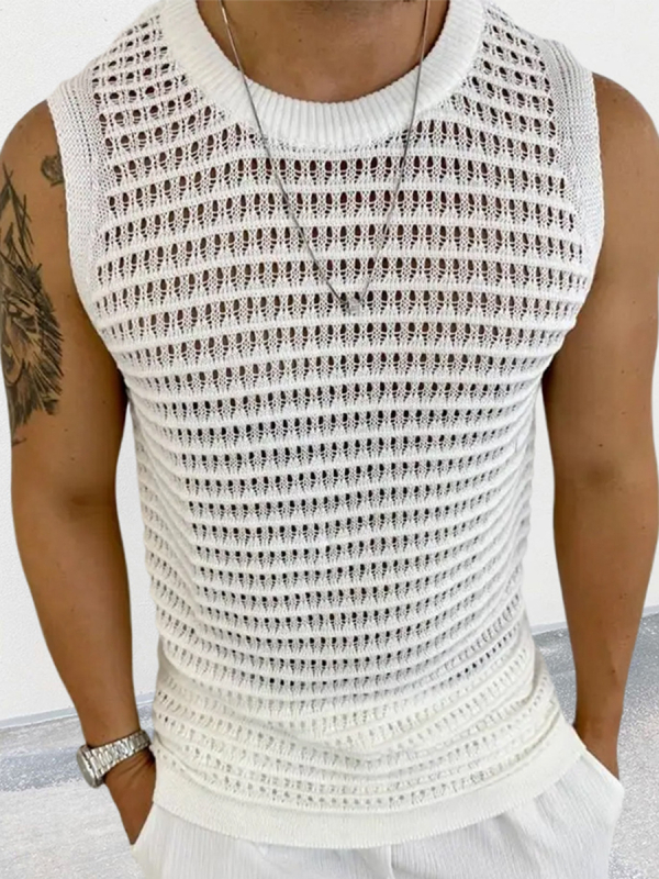 Vyrų megztinė be rankovių, siaura siluete, apvalus kaklo iškirpimas, plona megztinė, tuščiaviduris gėlių raštas, vilna 91–95%