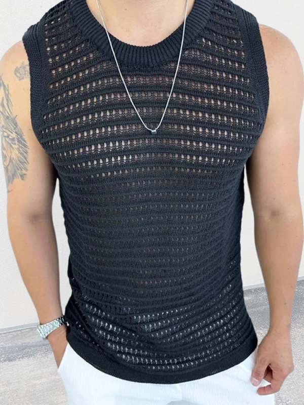 Vyrų megztinė be rankovių, siaura siluete, apvalus kaklo iškirpimas, plona megztinė, tuščiaviduris gėlių raštas, vilna 91–95%