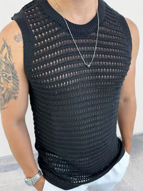 Vyrų megztinė be rankovių, siaura siluete, apvalus kaklo iškirpimas, plona megztinė, tuščiaviduris gėlių raštas, vilna 91–95%