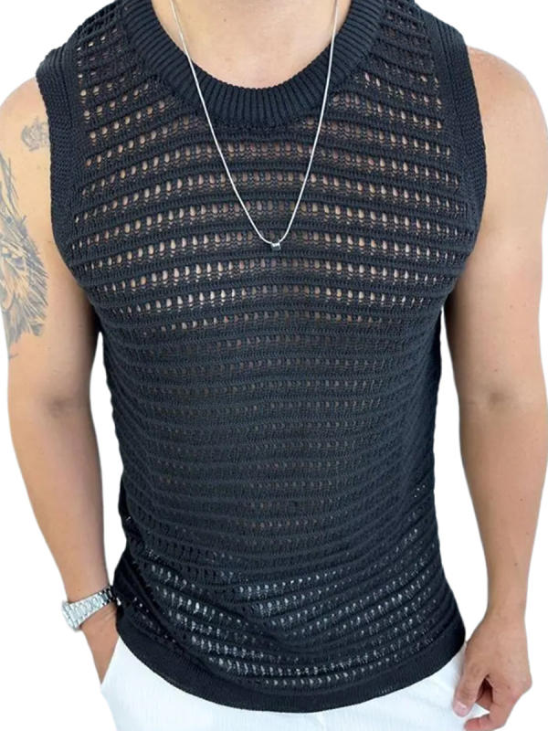 Vyrų megztinė be rankovių, siaura siluete, apvalus kaklo iškirpimas, plona megztinė, tuščiaviduris gėlių raštas, vilna 91–95%