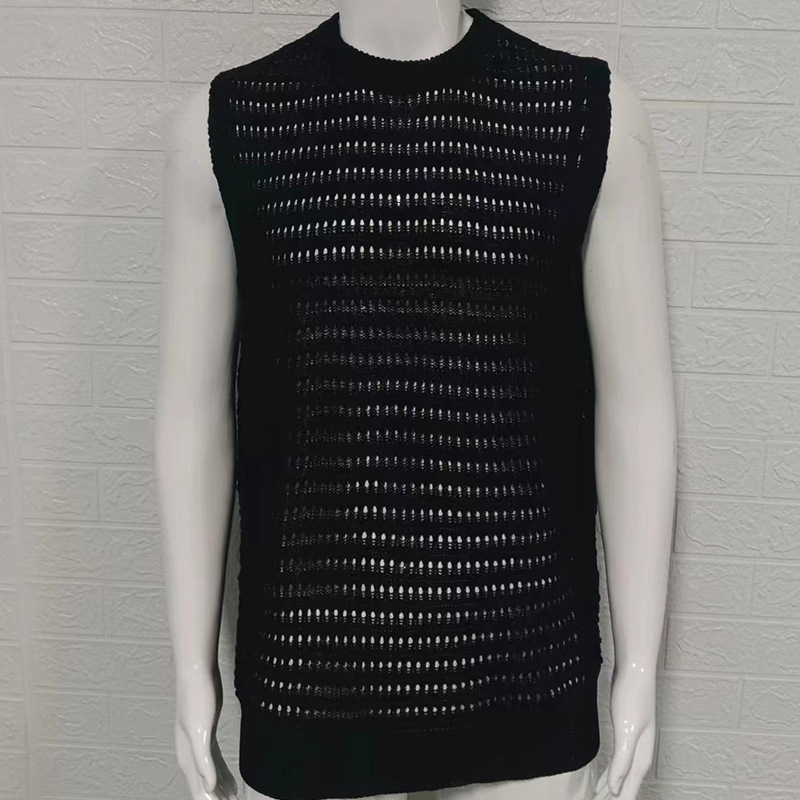 Мъжка безрукавна плетена жилетка Slim Fit, кръгло деколте, тънък трикотаж, ажурна флорална шарка, вълна 91–95%, лято