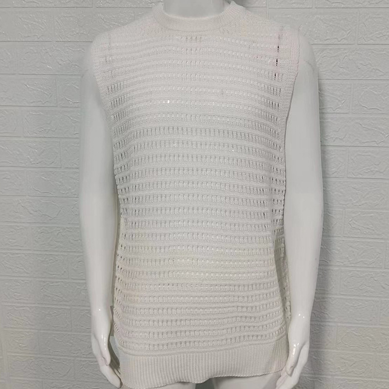 Мъжка безрукавна плетена жилетка Slim Fit, кръгло деколте, тънък трикотаж, ажурна флорална шарка, вълна 91–95%, лято