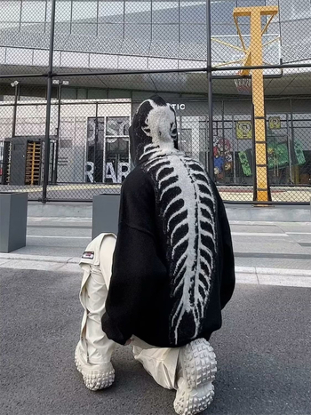 Ανδρικό πλεκτό φούτερ με κουκούλα, χαλαρή γραμμή, ζακάρντ σχέδιο, 55% βαμβάκι, διαπνέον