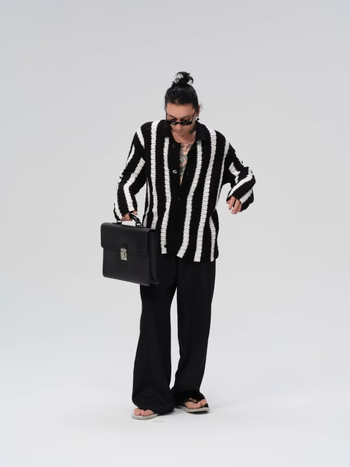 Кардиган, корейски стил, свободен силует, яка лафел, жакардова плетка, влагоотвеждащ полиестер