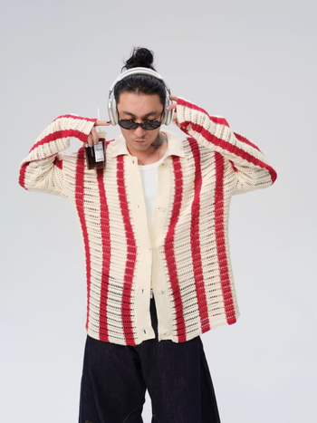 Кардиган, корейски стил, свободен силует, яка лафел, жакардова плетка, влагоотвеждащ полиестер