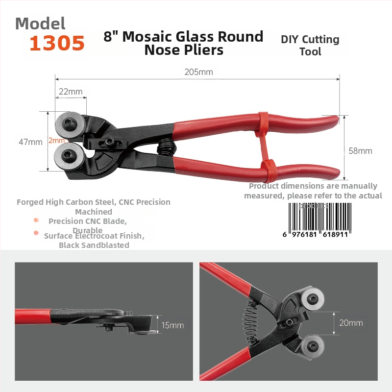 Mejialong knaibles flīzēm un stiklam ar apaļu atveri un dubultu rulli, mozaikas griešanas instruments, augstas oglekļa tērauds, 0,23 kg