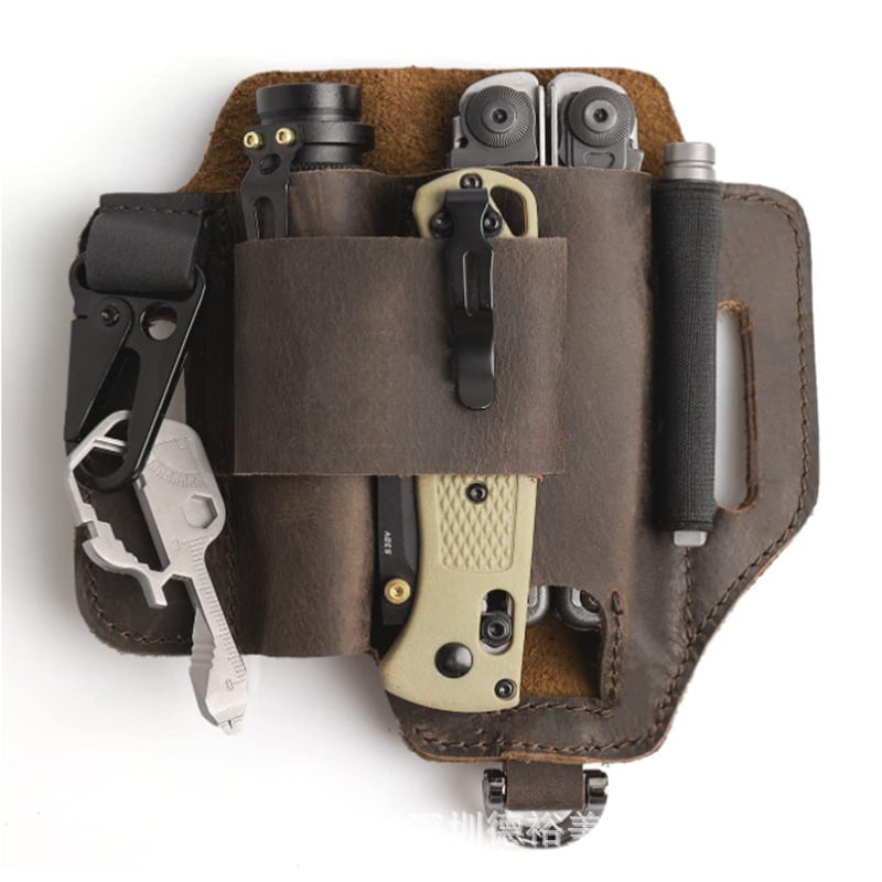 Кожена талиева чанта за EDC – тактическа за outdoor спортове; първи слой телешка кожа; издръжлива, против кражба, удароустойчива; унисекс