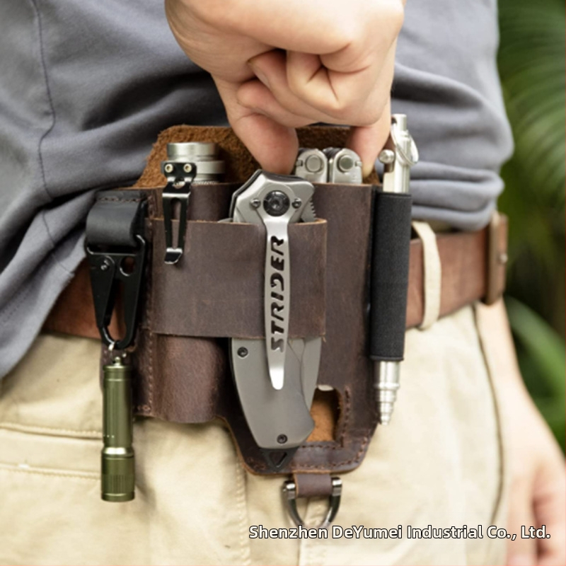 Кожена талиева чанта за EDC – тактическа за outdoor спортове; първи слой телешка кожа; издръжлива, против кражба, удароустойчива; унисекс
