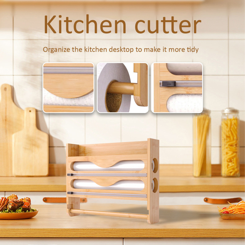 Bambukinis sieninis virtuvės saugojimo laikiklis su plėvelės pjaustytuvu, magnetinis tvirtinimas, individualus logotipas