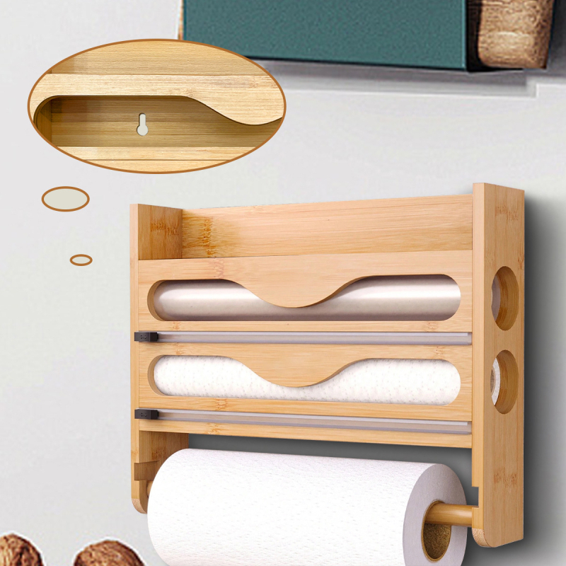 Bambukinis sieninis virtuvės saugojimo laikiklis su plėvelės pjaustytuvu, magnetinis tvirtinimas, individualus logotipas