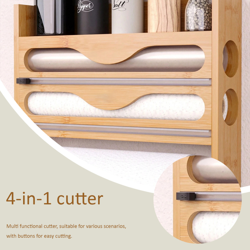 Bambukinis sieninis virtuvės saugojimo laikiklis su plėvelės pjaustytuvu, magnetinis tvirtinimas, individualus logotipas