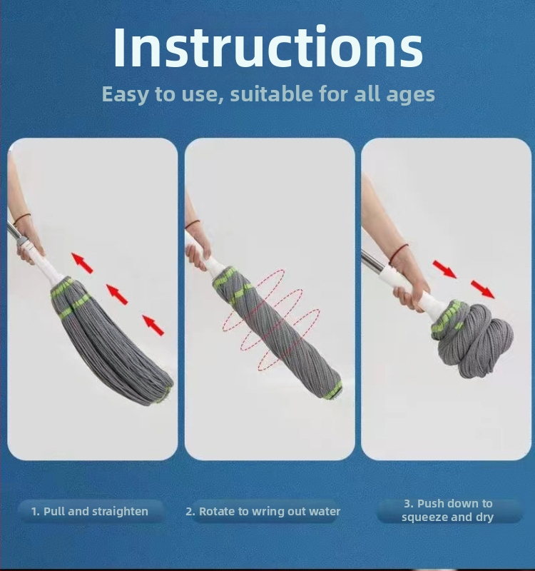 Ротационен воден моп с усукващ механизъм – микрофибърна глава, дръжка от неръждаема стомана, телескопична дължина 84–130 cm, изцеждане 80–90%
