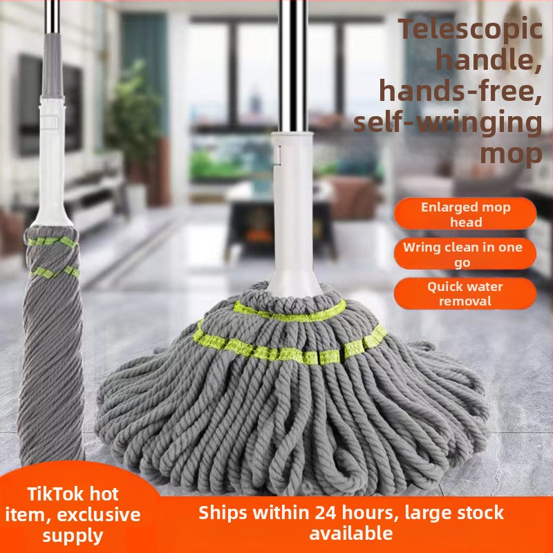 Ротационен воден моп с усукващ механизъм – микрофибърна глава, дръжка от неръждаема стомана, телескопична дължина 84–130 cm, изцеждане 80–90%