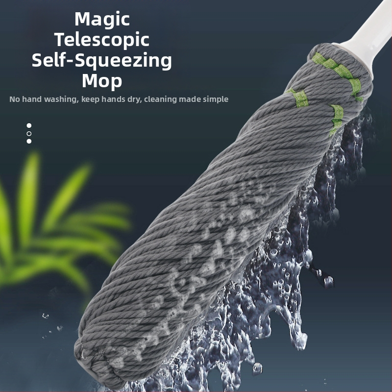 Ротационен воден моп с усукващ механизъм – микрофибърна глава, дръжка от неръждаема стомана, телескопична дължина 84–130 cm, изцеждане 80–90%