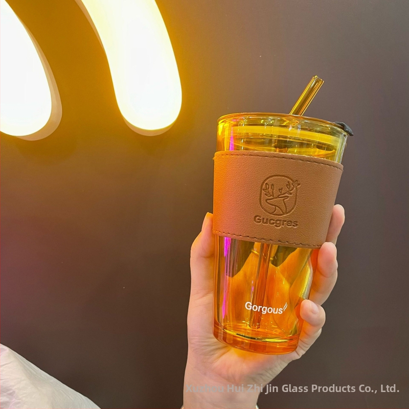Dvojstenný sklenený pohár na vodu so slamkou, korejský štýl, tesniace viečko