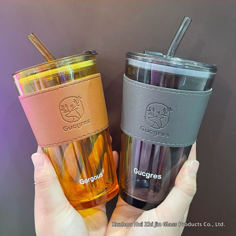 Dvojstenný sklenený pohár na vodu so slamkou, korejský štýl, tesniace viečko