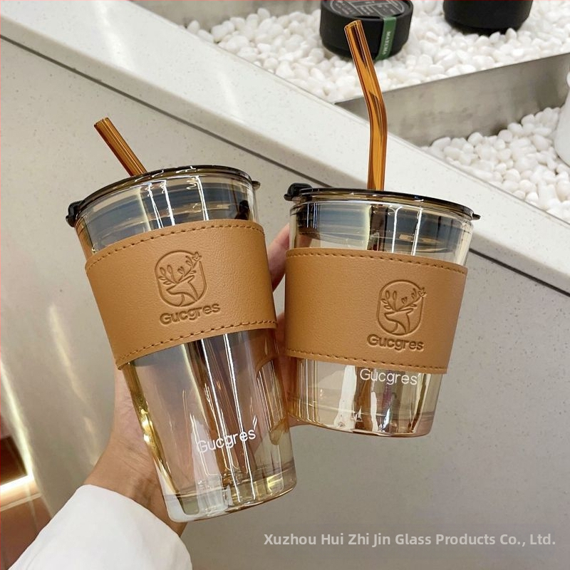 Стъклена чаша за вода с двойна стена, сламка, корейски стил, запечатана против протичане