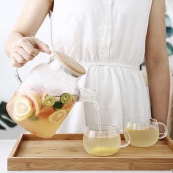 Ψυχρός βραστήρας με καπάκι από μπαμπού - γυάλινο δοχείο για χυμό και κρύο νερό, σκανδιναβικό στυλ, Mingran Yijia, Διαθέσιμη προσαρμογή, επεξεργασία σε υψηλή θερμοκρασία, Πρώτης κατηγορίας ποιότητα