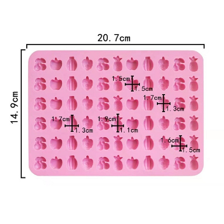Formă din silicon pentru copt, 60 cavități, formă neregulată, figuri de fructe și animale pentru jeleu, ciocolată și jeleuri