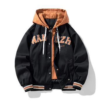 Pánska bunda s kapucňou, hip-hop štýl, stojací golier, voľný strih, jednoradové zapínanie, polyester