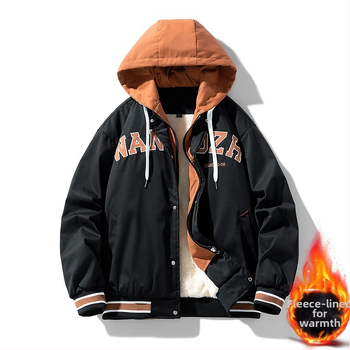 Pánska bunda s kapucňou, hip-hop štýl, stojací golier, voľný strih, jednoradové zapínanie, polyester