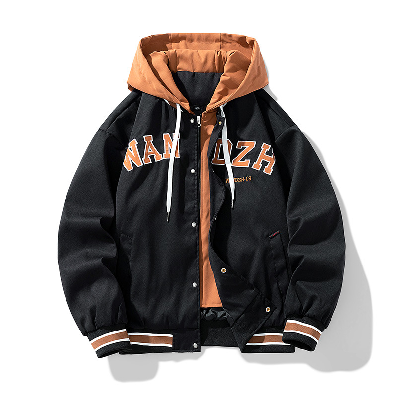 Pánska bunda s kapucňou, hip-hop štýl, stojací golier, voľný strih, jednoradové zapínanie, polyester
