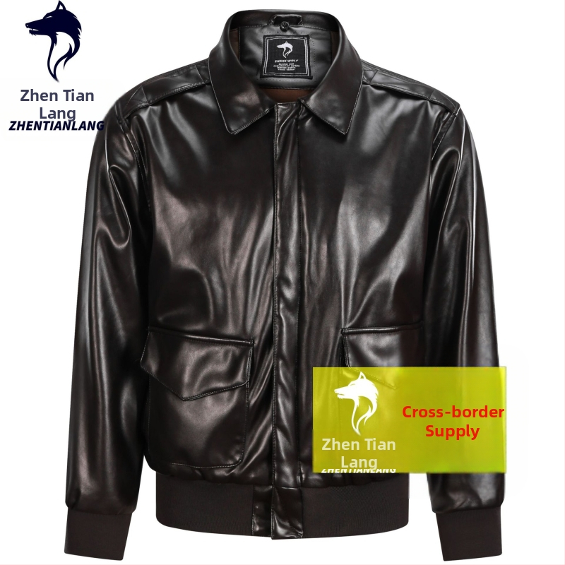 Α-2 μπουφάν πτήσης από PU δέρμα, με πέτο-λαιμό, φερμουάρ, φαρδιά γραμμή, τρισδιάστατες τσέπες με patches