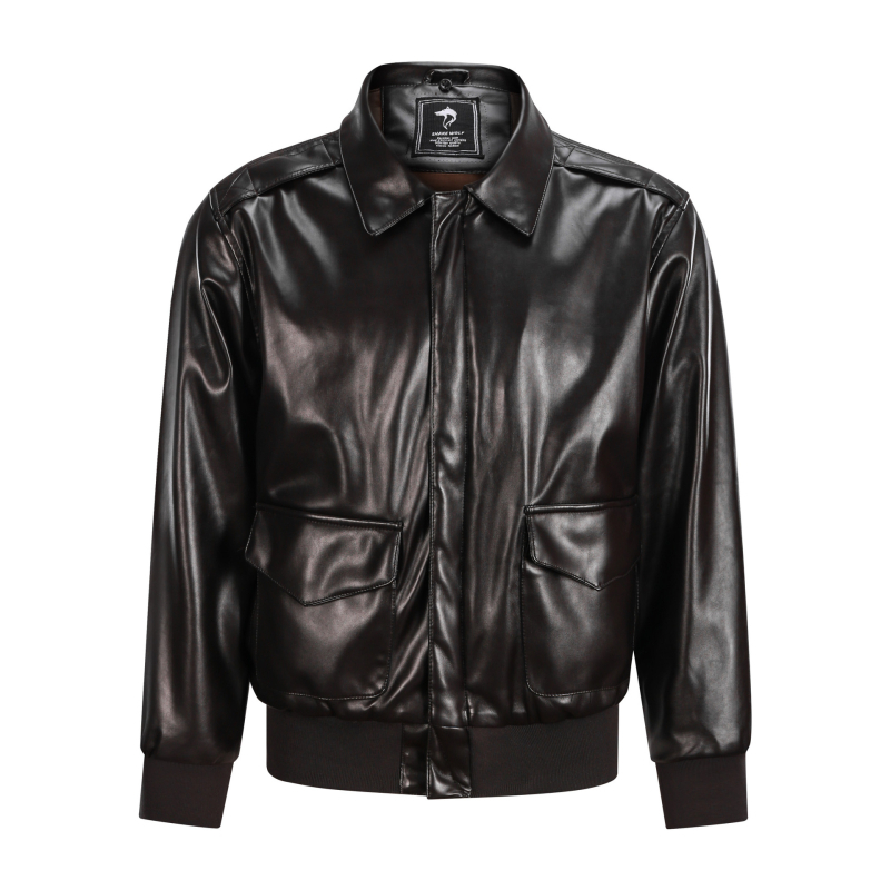 Α-2 μπουφάν πτήσης από PU δέρμα, με πέτο-λαιμό, φερμουάρ, φαρδιά γραμμή, τρισδιάστατες τσέπες με patches