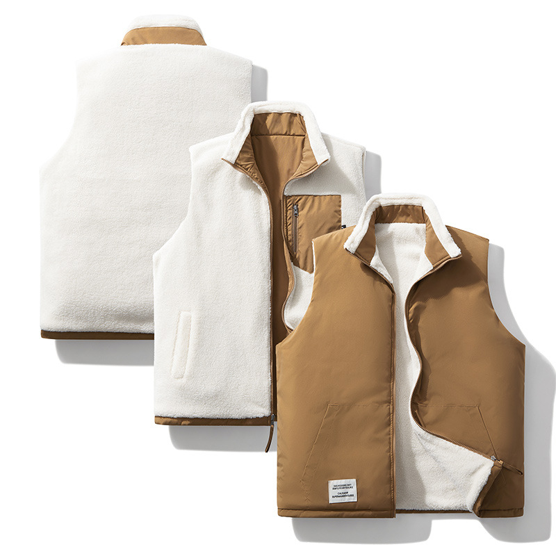 Γιλέκο από αρνίσιο φλίς, με σταθερό γιακά, χαλαρή γραμμή, επένδυση από πολυεστερικό φλίς, χειμώνας 2024, εφηβικό streetwear