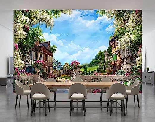 Apricot Miegamojo ir svetainės sienų muralas, Venecijos sodo peizažas, 3D HD skaitmeninė spauda ant nepluošto audinio, gaisro atsparus, drėgmei atsparus