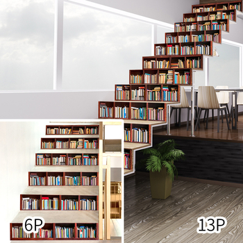 3D retro nástenná samolepka s motívom police na knihy, odnímateľná dekorácia pre schody, PVC vodotesná, Model 3220556