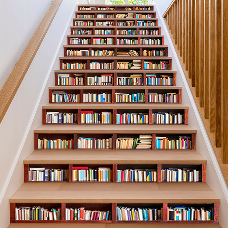 3D retro nástenná samolepka s motívom police na knihy, odnímateľná dekorácia pre schody, PVC vodotesná, Model 3220556