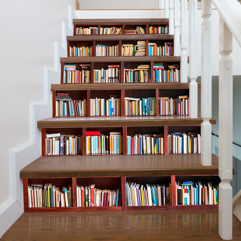 3D retro nástenná samolepka s motívom police na knihy, odnímateľná dekorácia pre schody, PVC vodotesná, Model 3220556