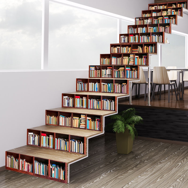 3D retro nástenná samolepka s motívom police na knihy, odnímateľná dekorácia pre schody, PVC vodotesná, Model 3220556