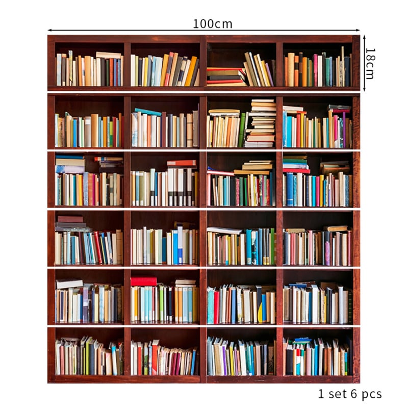 3D retro nástenná samolepka s motívom police na knihy, odnímateľná dekorácia pre schody, PVC vodotesná, Model 3220556