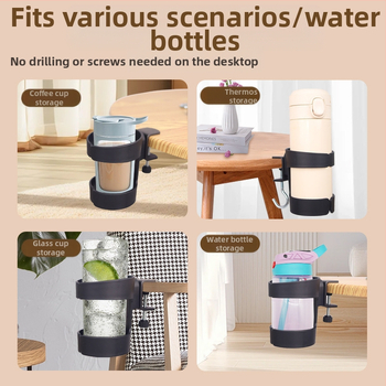 Stalo kraštui pritvirtinamas puodelio ir rašiklio laikiklis, plastikas, šiuolaikiškas minimalistinis stilius, vienoje konfigūracijoje, svoris 120 g